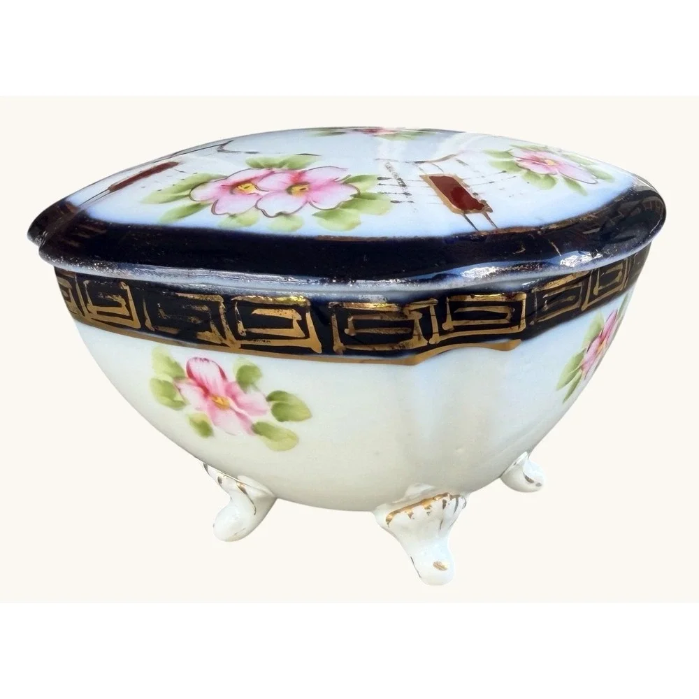 Antique Nippon Powder Jar- Morimura Wreath- Footed Porcelain Trinket Box Cobalt